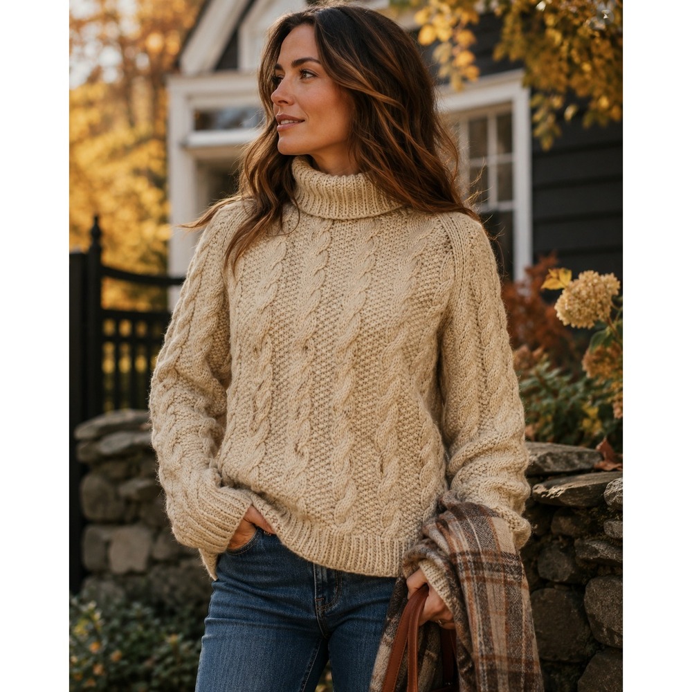 Vintage Hand Knit ‎ Fisherman Cable Knit Turtleneck Sweater XS